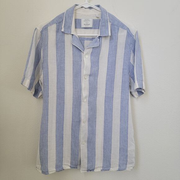 Baird McNutt Murano Slim Fit Nautical Stripe Blue Sz Large 100% Linen Button Up - Picture 1 of 10